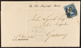 1844 (25 May) 'On Her Majesty's Service' EL From Dublin To Galway Bearing 2d Blue Imperf 'AA' Plate 3 With 4 Margins Tie - Other & Unclassified