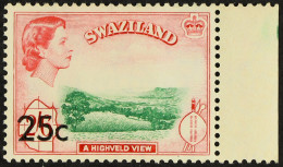 1961 25c On 2s6d With Surcharge Type II At Bottom Left, SG 74b, Never Hinged Mint, A Slight Hint Of Two-tone Gum Due To  - Swaziland (...-1967)