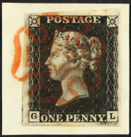 1840 1d Black 'GL' Plate 4, SG 2, Used With 4 Good To Enormous Margins, Tied To Piece By Very Fine Red MC Cancellation. - Sin Clasificación