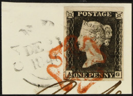 1840 1d Greyish-black 'AG' Plate 7, SG 3, Used With 4 Good To Very Large Neat Margins Tied To Piece By Red MC Cancellati - Unclassified