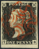 1840 1d Intense Black 'TB' Plate 4, SG 1, Used With 4 Good To Enormous Margins & Bright Red MC Cancellation. - Unclassified