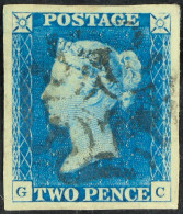 1840 2d Blue 'GC' Plate 1, SG 5, Superb Used With 4 Huge Margins & Neat Light Black MC Cancellation. Outstanding, Cat Â£ - Other & Unclassified