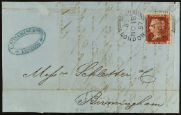 1857 (18 Nov) Full Cover Front From London To Birmingham With 1856 1d Tied Very Fine Pearson Hill Second Type Experiment - Sonstige & Ohne Zuordnung
