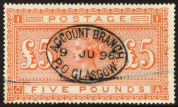 1867-83 Â£5 Orange, SG 137, With Central Account Branch Glasgow Datestamp And Blue Crayon Line, Good Colour. Cat. Â£3500 - Other & Unclassified