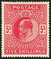 1902-10 5s Bright Carmine De La Rue, SG 263, Mint, Large Part OG. Fresh, Cat Â£450. - Ohne Zuordnung