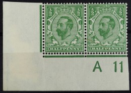 1911 Â½d Pale Green, SG Spec. N1 (2)c, A11 Wide Control Corner Pair, Perf. Type 2, Showing White Blob Right Of Left 'Â½' - Sin Clasificación