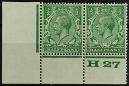 1924-26 Â½d Green, SG 418, 'H27' Control Corner Pair, Perf. Type 3A, Fine Mint, The Control Stamp Is Never Hinged. Cat.  - Unclassified