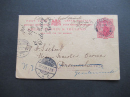 GB 1901 Ganzsache Mit Stempel Grimsby Fish Docks Nach Bremerhaven Und Violetter L1 Nachsenden Nach Geestemünde - Brieven En Documenten