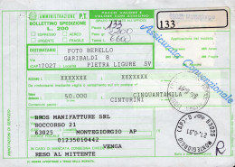 Italia (1991) - Bollettino Pacchi Assicurato Contrassegno Da Montegiorgio Per Pietra Ligure (cinturini) - Postal Parcels