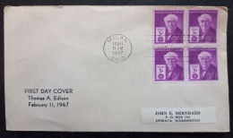 United States Edison FDC Milan Ohio Cancel 1947 Block Of Four Stamp - 1941-1950