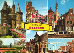 HAARLEM, MULTIPLE VIEWS, ARCHITECTURE, BRIDGE, WINDMILL, FIELD OF FLOWERS, FLAGS, CARS, TOWER, NETHERLANDS, POSTCARD - Haarlem