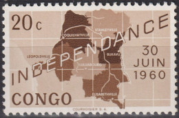 1960  Kongo - Kinshasa ** Mi:CD 1, Sn:CD 356, Yt:CD 372, Map Of Independent Republic Of Congo And Date '30 Juin 1960' - Ongebruikt