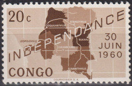 1960  Kongo - Kinshasa ** Mi:CD 1, Sn:CD 356, Yt:CD 372, Map Of Independent Republic Of Congo And Date '30 Juin 1960' - Ungebraucht