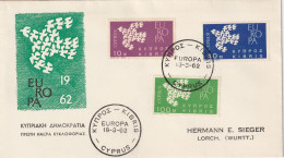 CHYPRE KUPROS CYPRUS KIBRIS 189 190 1er Jour FDC Europa CEPT 1962 - Lettres & Documents