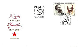 CECOSLOVACCHIA - 1980 PRAHA 150° Morte Di B. ENGHELS E 110° Morte Di LENIN (falce E Martello) Su Busta Fdc - 493 - Lenin