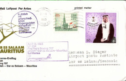 ! 1983 Saudi Arabia Airmail Cover, Lufthansa First Flight Boeing 707 From Jiddah, Jeddah - Dar Es Salaam - Mauritius - Saoedi-Arabië