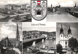 LINZ, MULTIPLE VIEWS, ARCHITECTURE, PARK, CAR, CHURCH, BRIDGE, SHIP, EMBLEM,  AUSTRIA, POSTCARD - Linz