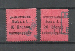 ÖSTERREICH Austria Grenzkontrollstelle Bruck A. D. Leita Ausfertigungsgebühr 10 & 20 Kr. Steuer Tax - Steuermarken