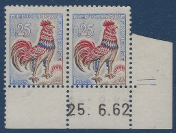 Paire Datée 25/06/1962 N°1331d ** 25c Coq Fluo Partiel Au 3/4 Du 1er Type (pale) Le Plus Rare & UNIQUE ! Signé R.CALVES - 1962-1965 Hahn (Decaris)