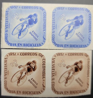 P) 1957 COLOMBIA, 7TH ROUND CYCLE RACE PROOF, SET OF 2 PAIRS IMPERFORATED, BLUE AND BROWN, AIRMAIL, AUSTRIA NATIONAL PRI - Colombia