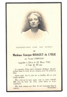 89  L'ISLE SUR  SEREIN  DECES DE Mme GEORGES BIDAULT DE L'ISLE  1942  TRES BON ETAT - L'Isle Sur Serein