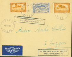 Maroc Poste Aérienne YT PA N°1 X2 + 45 CAD Rabat RP 1 FEV 1944 Cachet 1er Service Postal Aérien Rabat Inter Maroc - Poste Aérienne