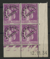 N° 70 PREOBLITERES Bloc De 4 Neuf ** (MNH) Coin Daté Du 12/11/34 Voir Description - Precancels