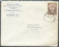 N°759 - 1Fr.35 (Armoirie CHARLEROI) Obl. Sc DEERLIJK Sur Lettre à En-tête (Manufacture Velours Et Tapis VELOUTA DEERLYK) - Covers & Documents