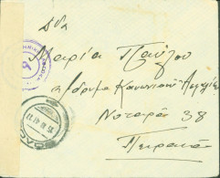 Grèce Guerre 40 Envoyé Service Assistance Pirée Pour Hôpital Militaire Volos (médecin) Censure Bande + Cachet CAD Volos - Brieven En Documenten