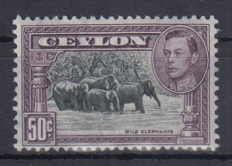 Sri Lanka Ceylon 1942 Freimarke 50 Cent Elefanten Mi.-Nr. 239 F  **  - Sri Lanka (Ceylon) (1948-...)