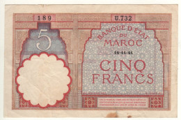 MOROCCO  5 Francs  P23Ab  Dated  14-11-41 - Marocco