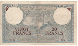 MOROCCO  20 Francs  P18b  Dated  14-11-41  ( Hassan Tower, Rabat ) - Marokko