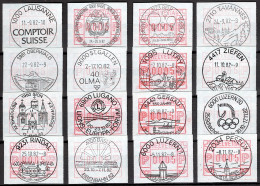 Schweiz Suisse Diverse FRAMA ATM Etiquettes Label Mit 16 Verschiedenen Sonder-Stempel Avec 16 Cachets With 16 Postmarks - Postage Meters