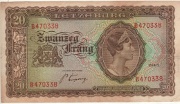 LUXEMBOURG 20 Francs   P42a   (1943    Grand Duchess Charlotte +   Fieldwork On Back ) - Luxembourg