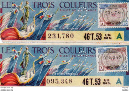 V11 96Hs   Billet De Loterie Les Trois Couleurs Lot De 2 Dont 1 Perforé "G" Avec Déchirure Recollée V° 1953 - Biglietti Della Lotteria