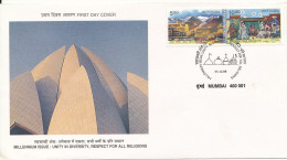 India FDC Mumbai 31-12-1999 Millenium Issue Unity In Diversity, Respect For All RELIGIONS Complete Set Of 2 With Cachet - FDC