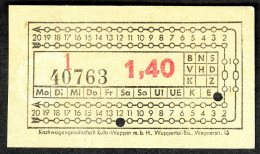 Wuppertal Kraftwagenverkehr Ruhr-Wupper ~1952 1,40 DM Überland Omnibus- Fahrschein Boleto Biglietto Ticket Billet - Europa