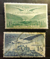 EIRE IRELAND IRLANDE 1948 - 1965 Airmail Yvert No 5 , 1 Shilling Vert Gris Neuf ** MNH & No 7 , 1 / 5 Bleu Foncé Obl, TB - Aéreo