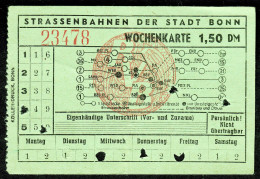 BONN Strassenbahn & Obus ~1952 1,50 DM WOCHENKARTE Ohne Umsteigen Fahrschein Boleto Biglietto Ticket Billet - Europa