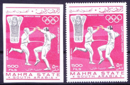 Mahra Eastern Yemen 1967 MNH Perf+Imperf, Fencing, Olympic Games, Sports - Verano 1968: México