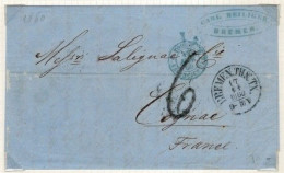 Lettre De BREMEN Pour COGNAC  Avec Cachet D'entrée TOUR  VALENCIENNES 1  En Bleu - Entry Postmarks