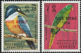 THEMATIC FAUNA:   PIGEON AND PARROT.  VISITE ROYALE 1974 OVERPRINTED  -  NOUVELLE  HEBRIDES - Papegaaien, Parkieten