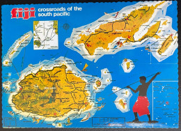 Fiji Crossroads Of The South Pacific, Map Of Islands Postcard Posted With Stamp - Figi