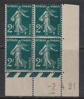 France 1927 - Yvert 239 Coin Daté Du 2-4-31 - Neuf SANS Charnière - Semeuse 2f Vert-bleu - ....-1929
