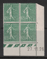 France 1927 - Yvert 234 - Coin Daté Du 27-11-26 - Neuf SANS Charnière - Semeuse Lignée 65c Olive - ....-1929