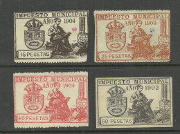 ESPANA Spain 1902 & 1904 Impuesto Municipal Madrid Tax Impuesto Revenue Taxe, 4 Stamps * - Fiscaux-postaux