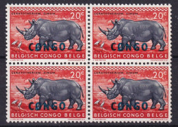 Ceratotherium Simum 20c CONGO SUR CONGO BELGE BLOC DE 4 NEUFS SANS CHARNIERE ** - Andere & Zonder Classificatie