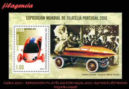 CUBA MINT. 2010-35 EXPOSICIÓN FILATÉLICA PORTUGAL 2010. AUTOS ELÉCTRICOS. HOJA BLOQUE - Nuevos