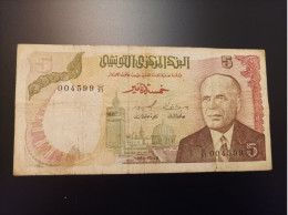 Billete De Túnez 5 Dinar, Año 1980, Nº Bajisimo 004599 - Tunisie