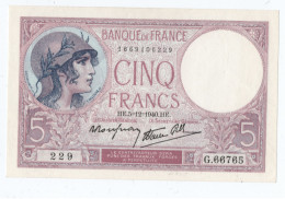 BILLETS FRANCE 5 FRANCS TYPE VIOLET MODIFIE HE 5 12 1940 229 G66765 SUPERBE F04/16 P#83a - 5 F 1917-1940 ''Violet''